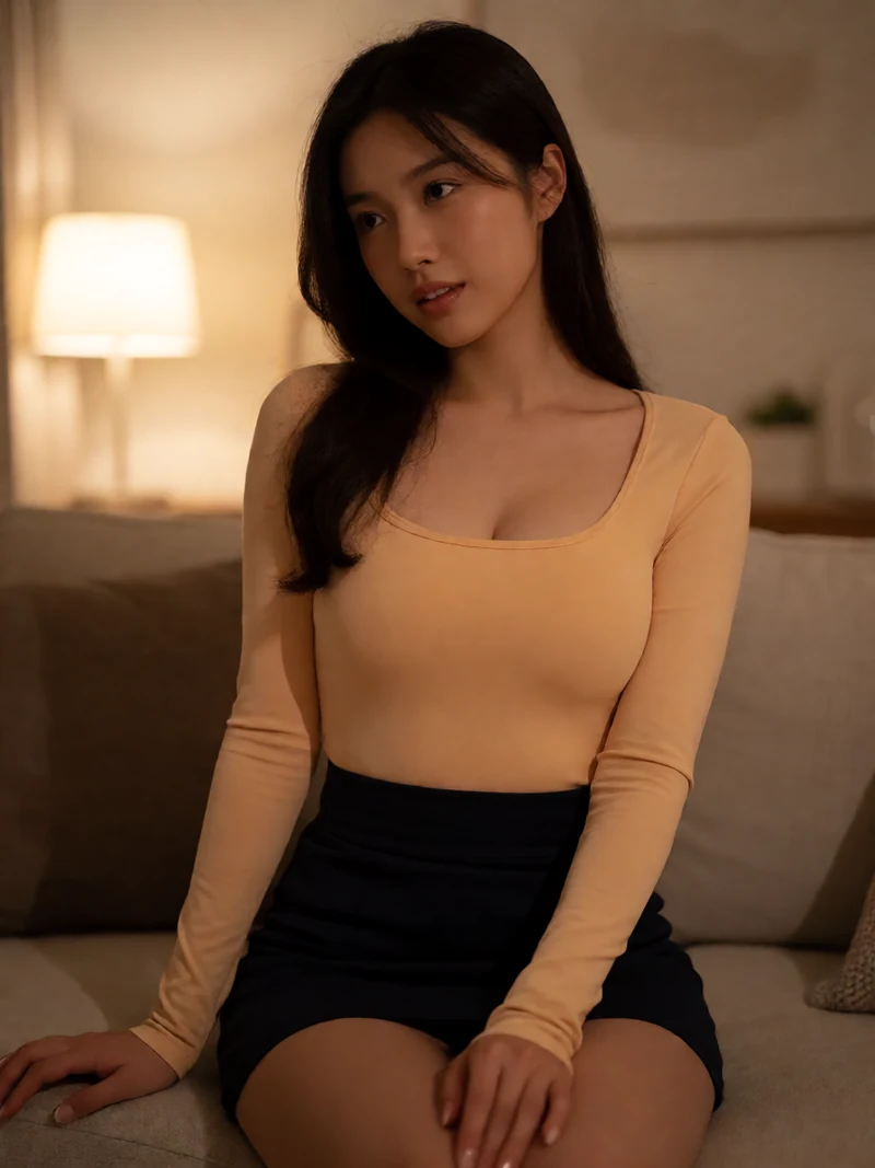 爱情岛论坛同居夜话主题图:虚构成年女子穿浅杏色上衣坐在暖光客厅沙发