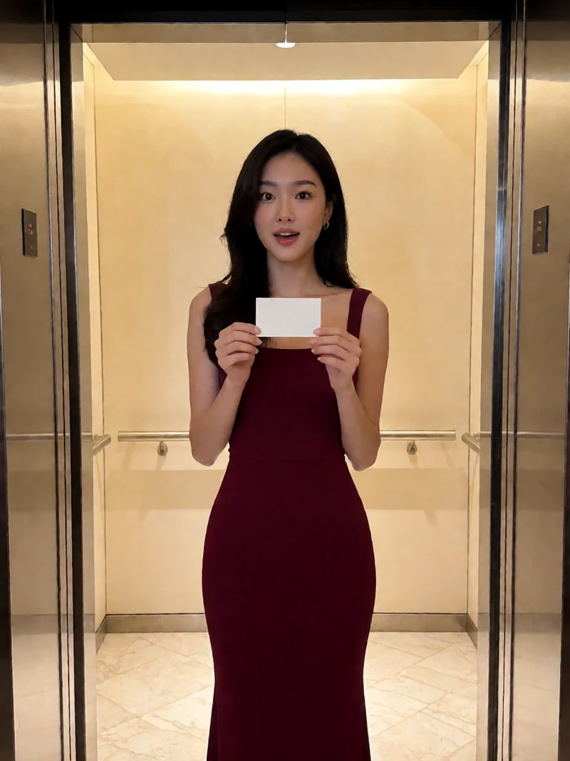 爱情岛论坛重逢故事图:虚构成年女子穿酒红礼服站在酒店电梯走廊