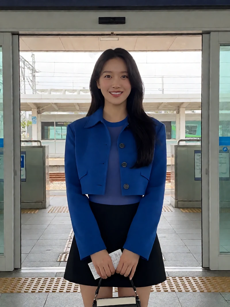 爱情岛论坛双城恋爱主题图:虚构成年女子穿蓝色短外套在车站出口等待
